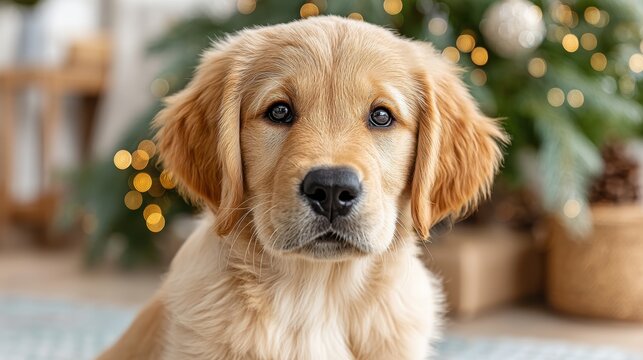 A cute golden retriever puppy gazes curiously, surrounded by festive decorations, embodying joy and warmth of the holiday season.