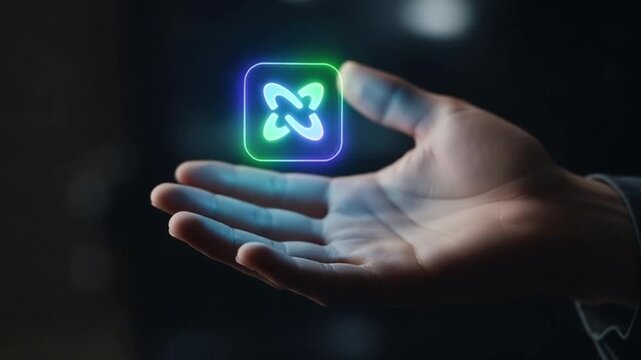 Hand holding glowing abstract logo in dark room, symbolizing innovation and futuristic technology with vibrant neon colors and a sense of digital progress.