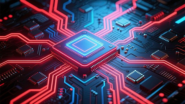 Close up of a detailed computer circuit board with red lines, AI Generative