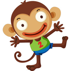 Playful Cartoon Monkey Character with Big Eyes and a Wide Smile Wearing a Green Tank Top and Blue Shorts with a Curly Tail on a Transparent Background