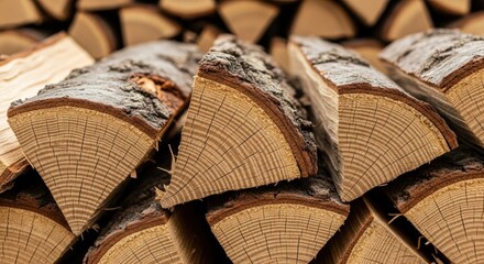 Stacked firewood with visible annual rings and bark texture. Natural wood fuel for heating and campfires. Warmth and rustic concept background.