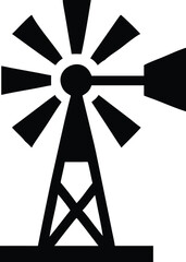 A vintage windmill in black is depicted against a stark white background
