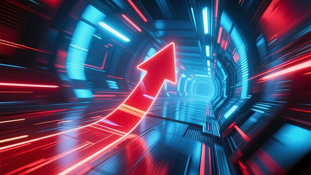 A glowing red arrow moving upward through a futuristic digital tunnel with dynamic motion blur light