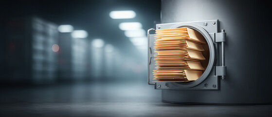 Open bank vault door reveals stash of gold bar, representing wealth, finance, and secure investment in safe deposit box room