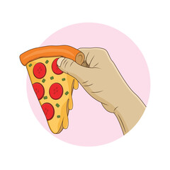 Hand holding a pizza slice. Vector illustration