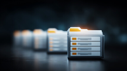 Digital folder for efficient data storage and file organization. Archive interface for sorting documents on dark technology background