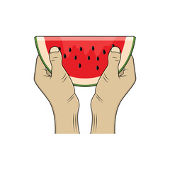 Hand holding a watermelon slice. Vector illustration