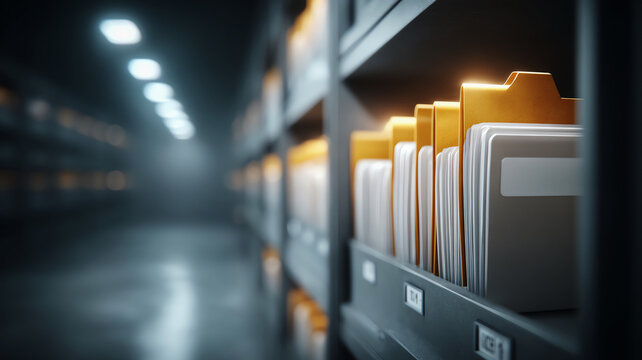 Organized archive files and documents on shelf in dark storage room. quiet database for sorting business information and data records