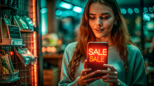 Young woman holding a smartphone displaying sale alert while shopping in a vibrant store