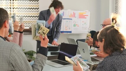 leader celebrates team achievement, executive commends team for reaching significant business milestone today, top executive proudly acknowledges team efforts in achieving major financial success