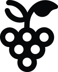 Black silhouette presents a cluster of grapes with a leaf and stem