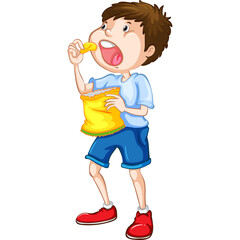 Young boy with brown hair wearing a light blue t-shirt and blue shorts eating potato chips from a yellow bag with a white background