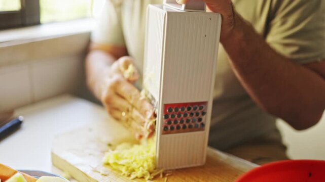 Chef grating potatoes in the kitchen