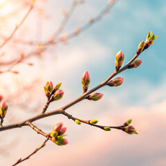 Spring buds bloom on tree branches under a colorful sky at sunset in a serene outdoor setting