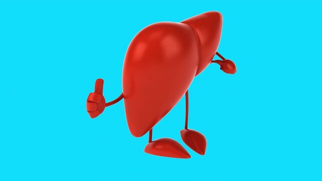 Conceptual 3D animation of a cartoon liver showing thumbs up and down (with alpha)