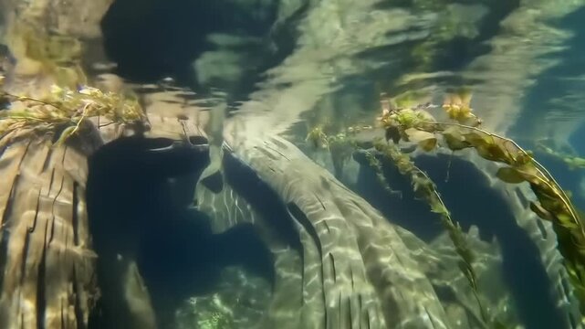 Underwater view of submerged tree roots and aquatic plants in clear water environment.