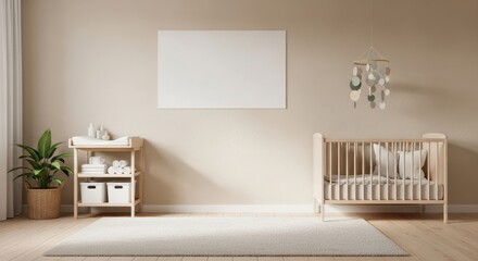 Minimalist nursery room with crib changing station and decorative wall art in neutral tones