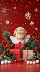 Cute angel rests on gift boxes, surrounded by winter foliage, radiating peace