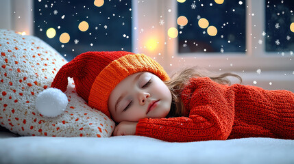 Dreamy scene of child sleeping peacefully on pillow with Santa light shining in