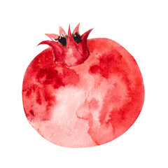 Pomegranate, hand-drawn watercolor illustration. Pomegranate fruits, pomegranate seeds, leaves, and flowers, hand-drawn in watercolor.