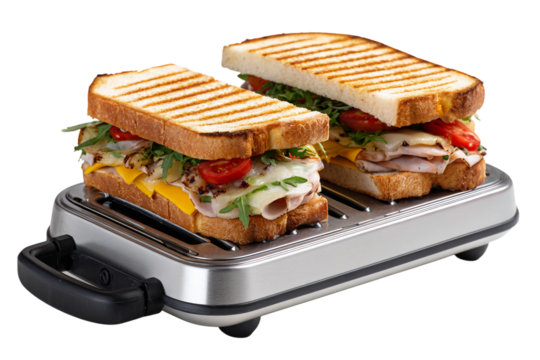 Electric sandwich press in use for grilling sandwiches at home isolated on transparent background - Powered by Adobe