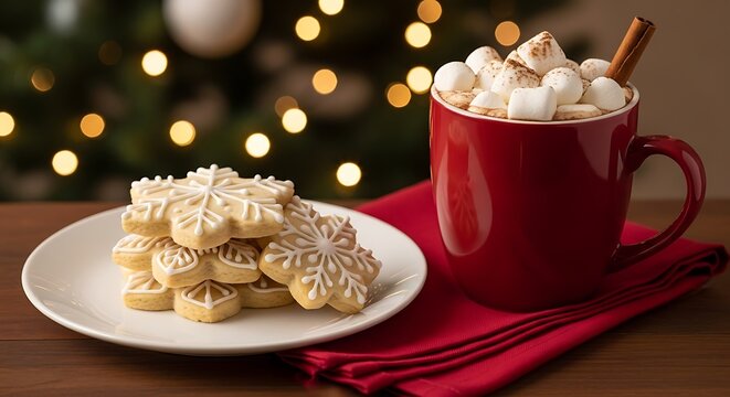 Cozy christmas scene with snowflake cookies and hot chocolate by the tree - Powered by Adobe