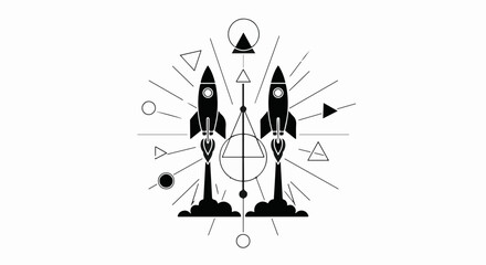 Two stylized rockets launching upwards, surrounded by geometric shapes and radiating lines, symbolizing ambition and exploration.