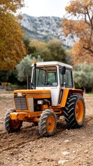 Tractor in field, in a mountain farm, soft diffused daylight, documentary style, hardworking mood, earthy colors, centered composition, 50mm lens, detailed plants, high detail, ultra-realistic,