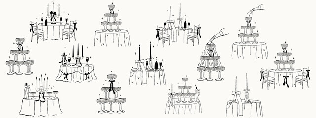 Whimsical dinner table party setting sketch. Wedding dinner coquette elements for greeting card,invitation, template, vector illustration.