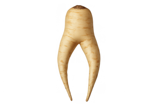 Parsnip root with human-like legs walking, depicting a funny anthropomorphic vegetable on transparent background