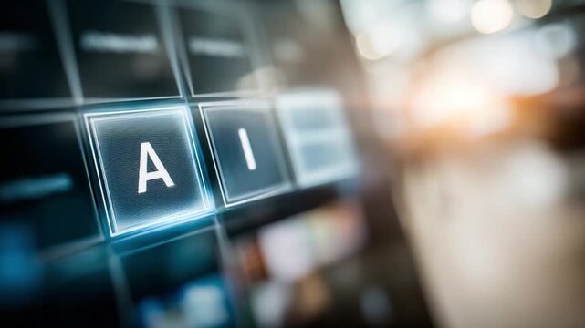 AI Technology: A close-up view of an interactive screen prominently displays the letters AI, suggesting the rapid advancement of this revolutionary technology. 
