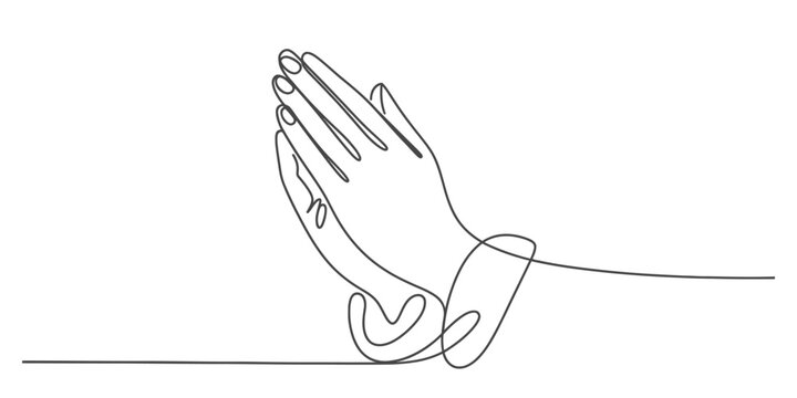 Continuous one line drawing of praying hands, minimalist vector art symbolizing hope, faith, and spiritual devotion, a powerful symbol of belief and peace.