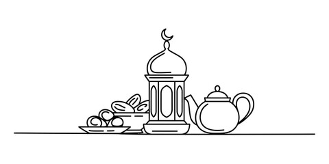 Ramadan or eid mubarak celebration elements line art illustration with traditional lantern, dates, teapot, and sweets on white background