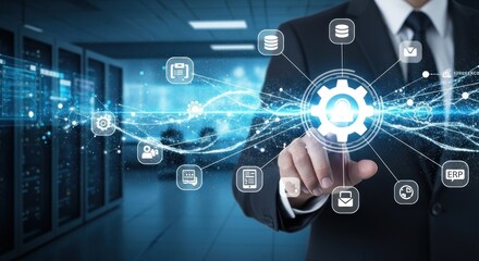 A businessman in a suit touching a virtual interface with various icons and symbols.