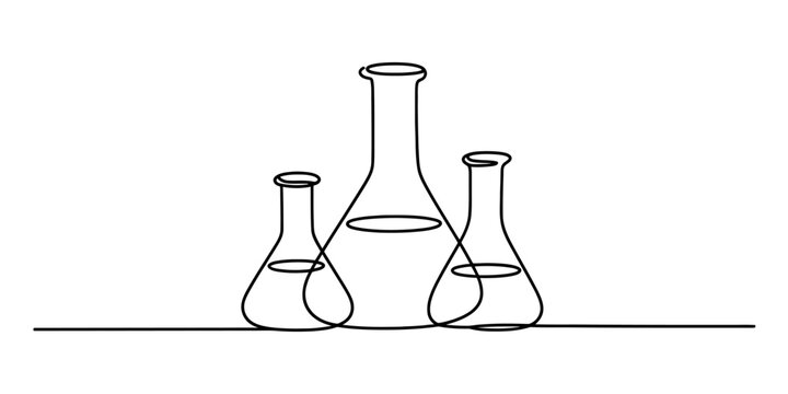 Continuous line art drawing of three laboratory flasks or beakers, representing science, chemistry, and research, on a clean background.
