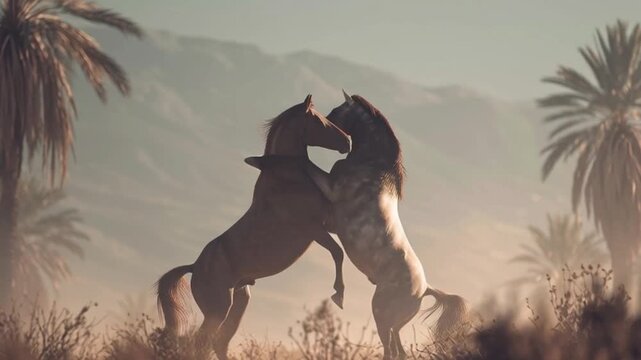A dramatic wildlife scene showing two wild horses mating in a vast open grassland at dusk