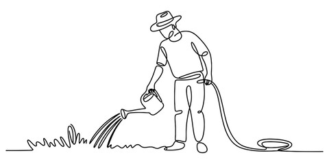 Gardener watering plants with a watering can and a coiled hose, depicted in continuous single line art style, symbolizing nature care and growth.