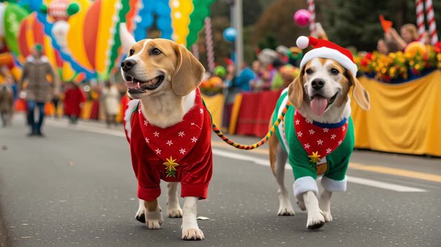Dog parade performance. Cheerful Beagles in Festive Costumes Walk in Colorful Parade Surrounded by Vibrant Decorations and Balloons Spreading Joy