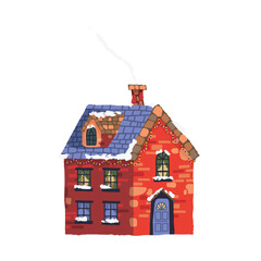 Red house with a chimney and a roof on a white background. The house is decorated with Christmas lights
