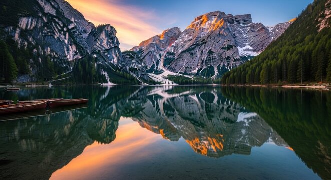 A serene mountain lake with a reflection of the sky and mountains in the water.