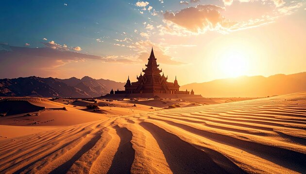 A majestic temple structure stands amidst rolling sand dunes and distant mountains under a warm, golden sunset sky.