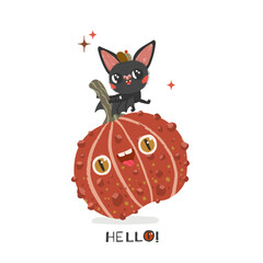 Cute bat is on top of a pumpkin. The pumpkin is orange and has a lot of bumps and quote Hello under the image
