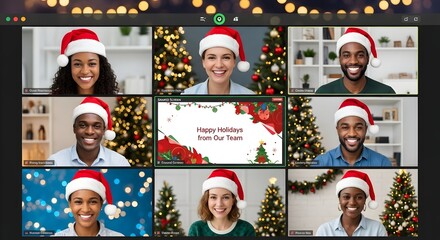 A happy and diverse team of colleagues wearing Santa hats celebrates Christmas during a virtual meeting, sending holiday greetings on a video conference call