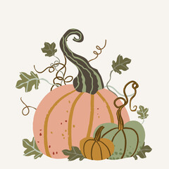 Composition of cute pumpkins. Vector illustration, good for thematic emblem, banner, calligraphy poster, greeting card, party invitation