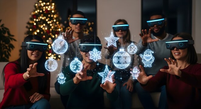 Friends enjoying a futuristic Christmas celebration together, wearing VR headsets and interacting with glowing holographic ornaments and decorations, embracing the festive spirit with technology