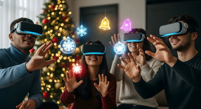 Friends wearing virtual reality headsets celebrate a futuristic Christmas, interacting with glowing festive icons in an immersive metaverse simulation