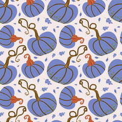 Seamless pattern of blue pumpkins with orange leaves and stems on a beige background