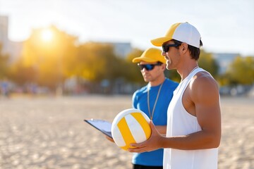 Beach Volleyball Coach Holding Ball During Training. Outdoor Scene With Sunlight, Focus, Instruction, And Sports Management Concept