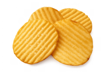 Crispy ridged potato chips creating a delicious snack temptation, golden fried and salty flavors on transparent background