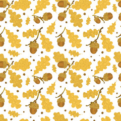 Seamless pattern of a yellow oak leaves and acorns on a white background